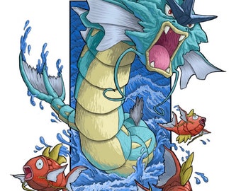 Pokémon Gyarados and Magikarp Original Art Print