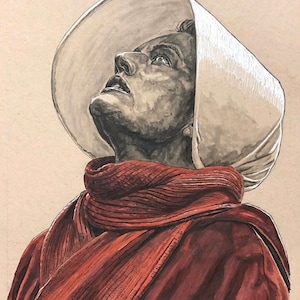 May include: A hand-drawn illustration of a woman wearing a red robe and a white bonnet. The woman is looking up with a serious expression on her face.