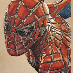 May include: A close-up of a red and silver robotic-looking Spider-Man costume. The costume is made of many small, interlocking pieces that resemble a spider web.