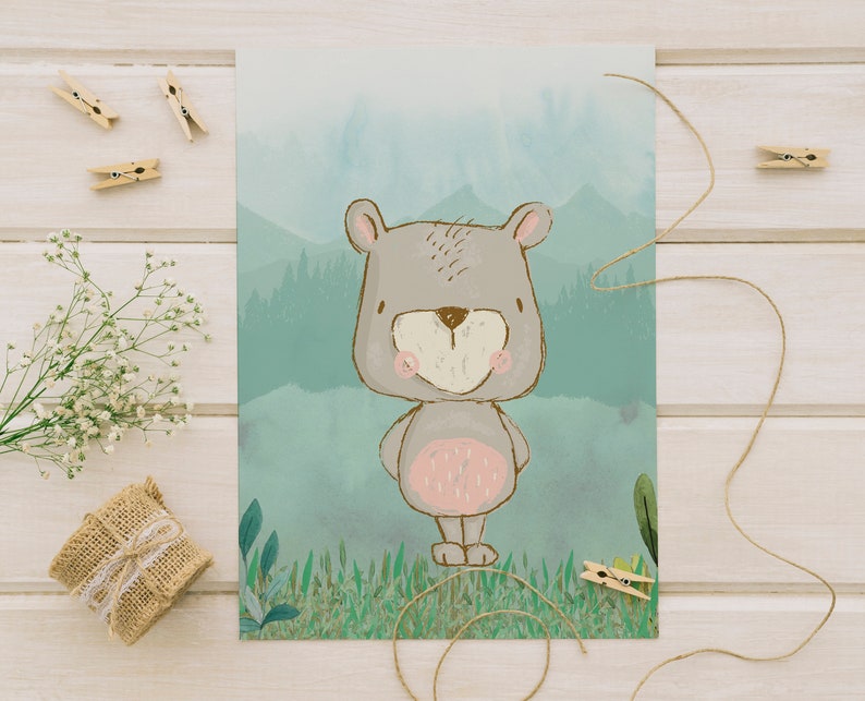 Woodland Bear Print Bear Printable Cute Bear Print Digital - Etsy