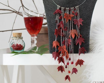 Red Maple Autumn Leaves Necklace, Weirwood Tree Choker with Red Glass Berry, Multi Chains Necklace