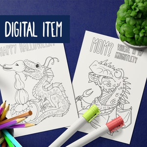 2 Dragons Printable Coloring Pages for kids and adults. Digital download (2 JPG + 2 PDF). DIY Antistress Entertainment
