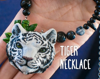 Necklace with White Tiger. Animal Head, Tiger Cabochon, Wild Tiger