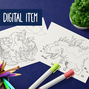 2 Dragons Printable Coloring Pages for kids and adults. Digital download (2 JPG + 2 PDF). DIY Antistress Quarantine Entertainment