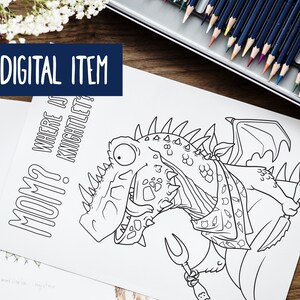 Eating Dragon, Printable Coloring Page for kids and adults. Digital download (JPG + PDF) Antistress quarantine entertainment. DIY