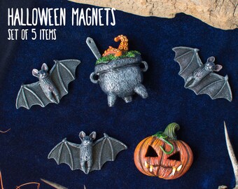Set of Halloween Magnets: 3 Bats, a Pumpkin and a Witch's Cauldron. Neodymium Magnets for Halloween Party, Decorating a Kitchen or an Office