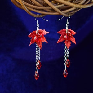 Earrings with Red Leaves, Handmade Jewelry with Weirwood Earrings, Fall Leaves, Red Berry, Chain Earrings, Will made to ORDER