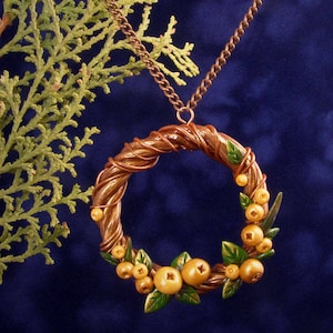 Golden Apples, Round Wreath Pendant, Harvest Jewelry, Autumn Nature Necklace, Plant Berry Jewelry