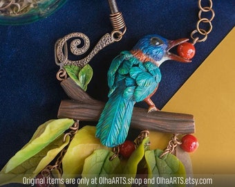 Blue Bird Necklace, Polymer Clay, Nature Jewelry, Leaves and Berries, Green-backed Kingfisher, Actenoides monachus, Item Will Made TO ORDER