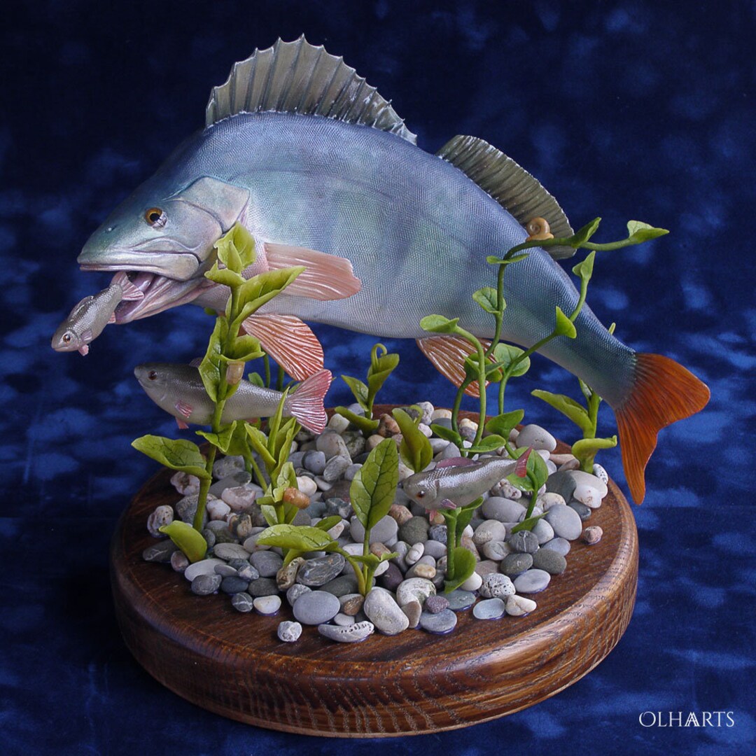 パーチの置物、魚のジオラマ、ポリマー粘土、テーブルデコレーション