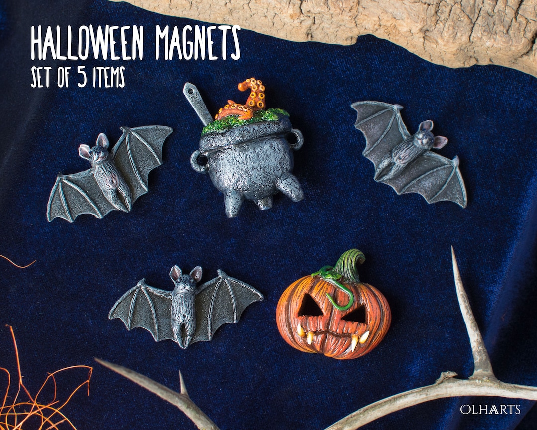 Set of Halloween Magnets: 3 Bats, a Pumpkin and a Witch's Cauldron ...