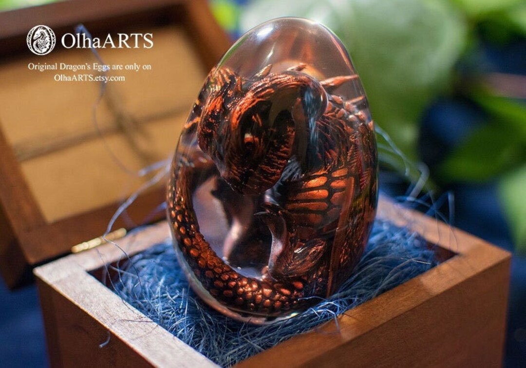 Copper Dragon Egg, VIP Gift Set With Baby Dragon in Transparent Epoxy Resin Egg, Wyvern Embryo