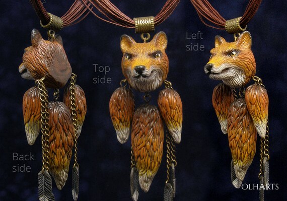Three Tailed Fox Necklace, Japanese Kitsune, Realistic Animal 3d 