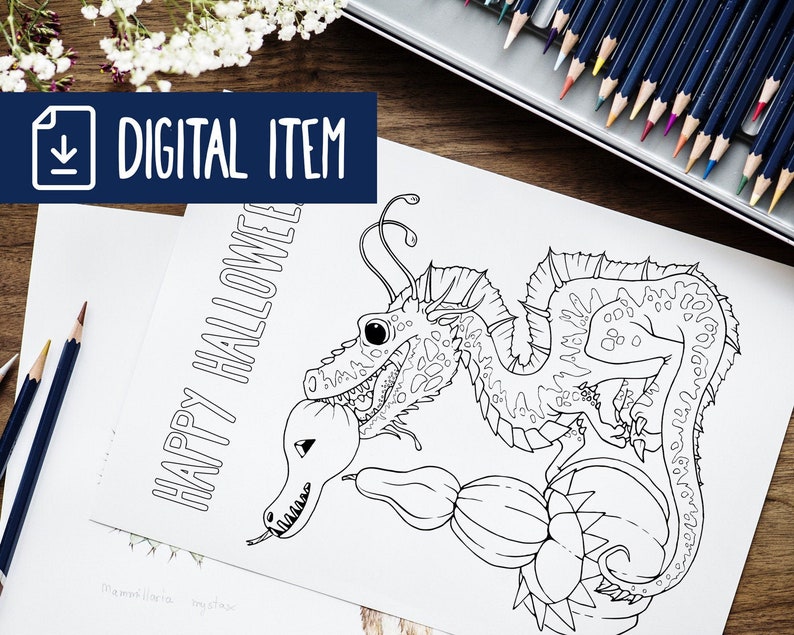 Halloween Dragon with Pumpkins DiY Printable Coloring Page | Etsy