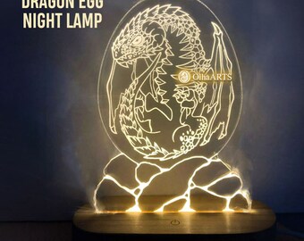 Lava-Drachenei – Acryl-Nachtlicht – LED-Sockel aus Holz mit leuchtender Acrylplatte. Fantasie-Tischlampe mit Drachenei.