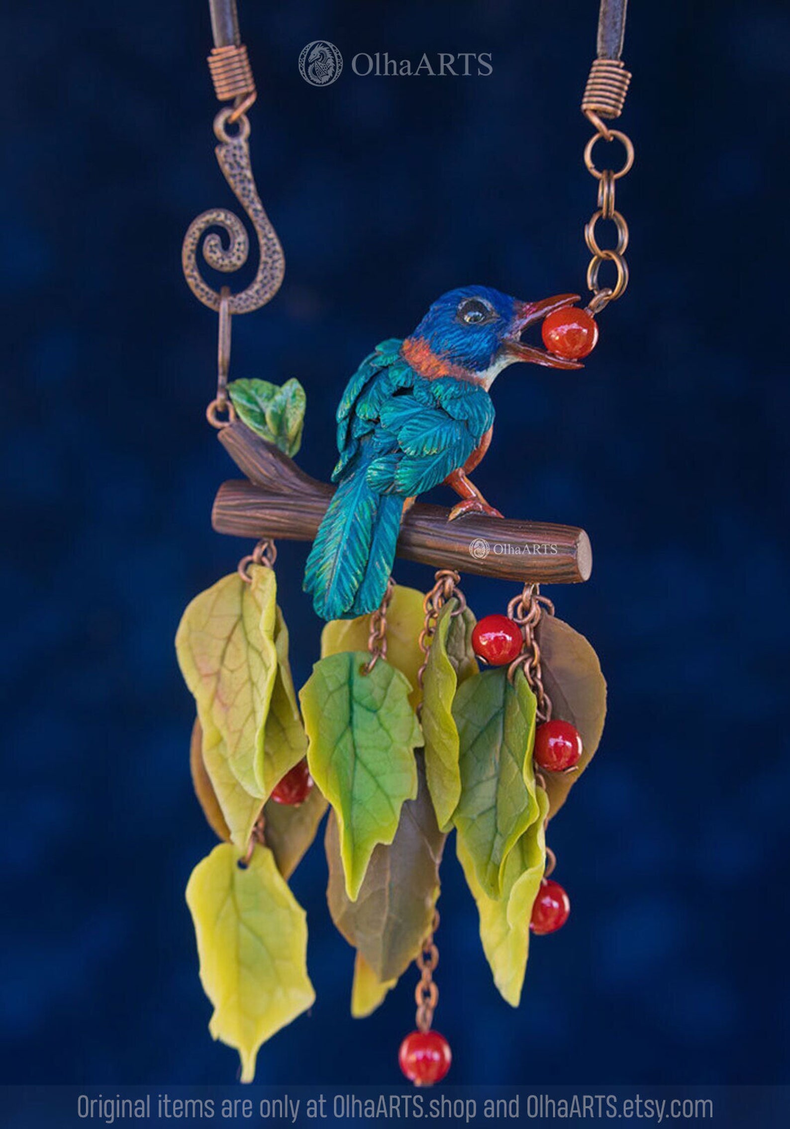 Blue Bird Necklace Polymer Clay Nature Jewelry Leaves and Etsy