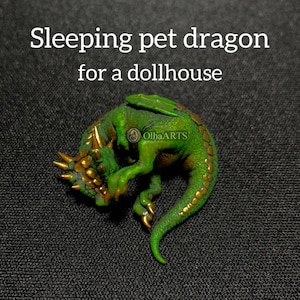 Tiny dragon pet for a dollhouse, miniature sleeping dragon, green baby dragon