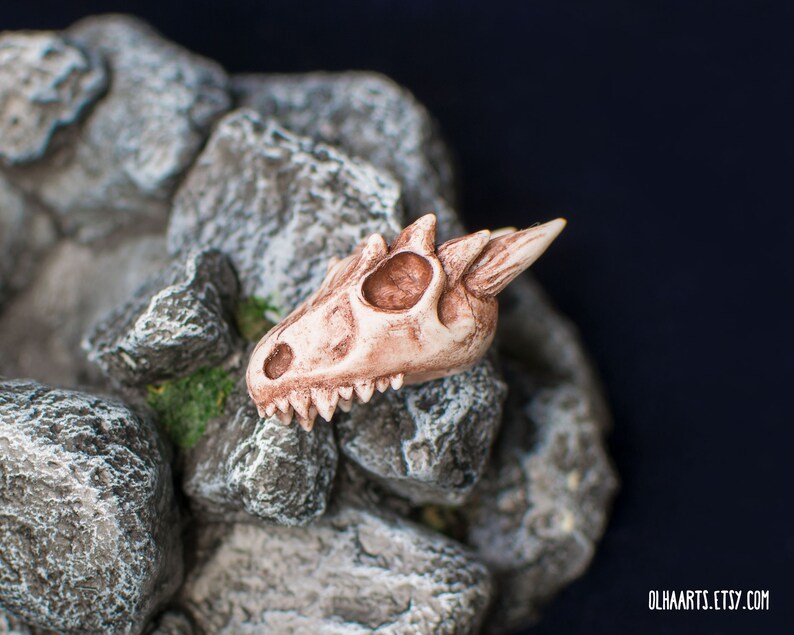 May include: A small, detailed, beige-colored dragon skull with a pointed horn on top, resting on a bed of gray rocks.