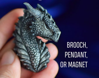 Stone Dragon Head, Fantasy Pendant, Magnet, Lapel Pin or Brooch