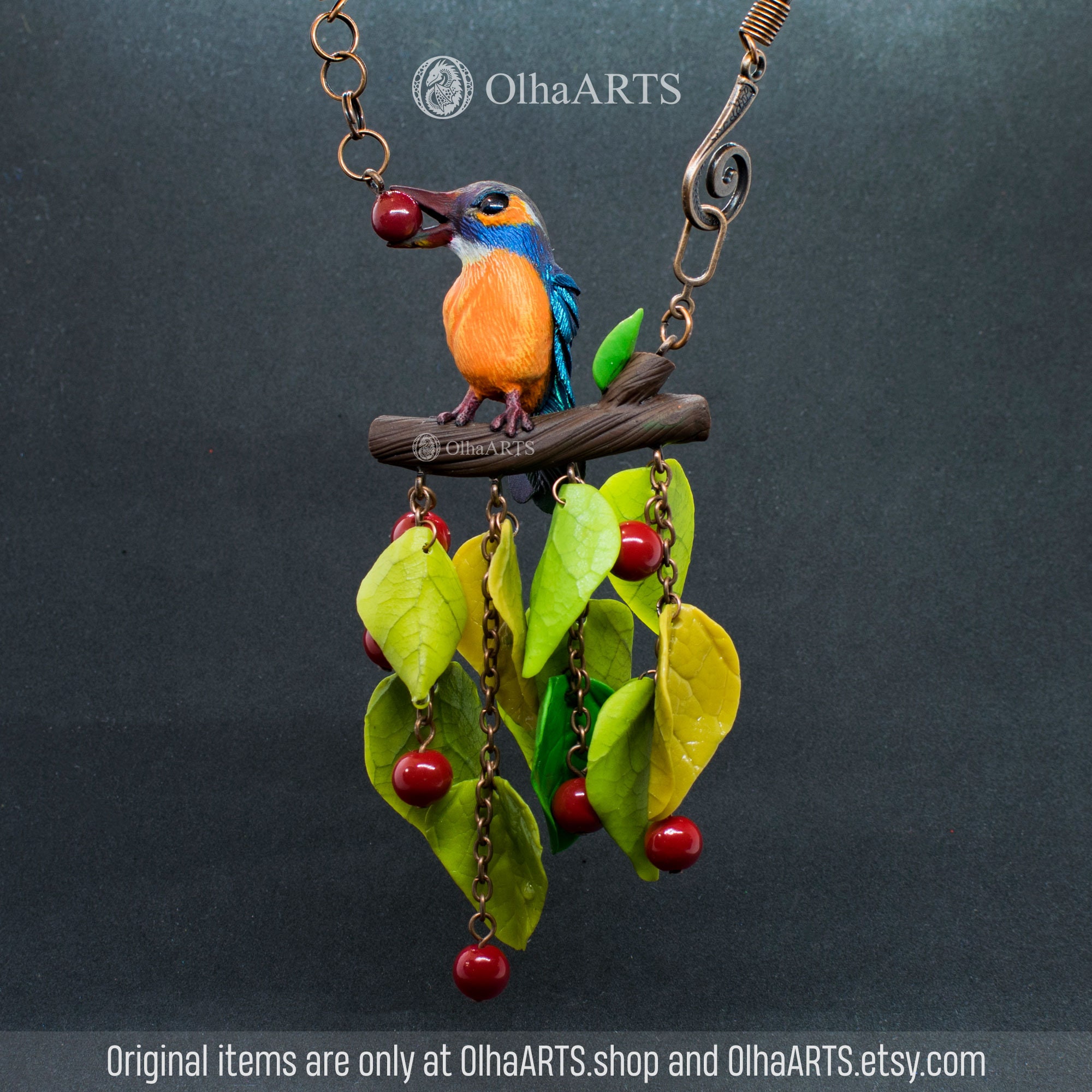 Blue Bird Necklace Polymer Clay Nature Jewelry Leaves and Etsy