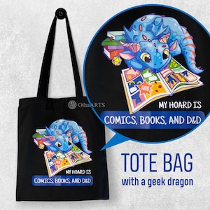 Reusable Black Cotton Tote Bag with Geeky Blue Dragon Design — Fantasy Gift for Book, Comic, and RPG Fans