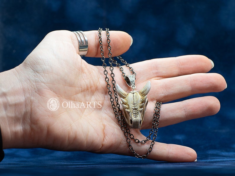 May include: A silver chain necklace with a white and brown dragon skull pendant. The pendant is detailed with teeth and horns.