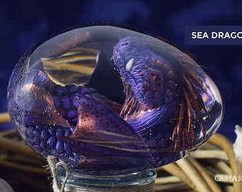 Water Dragon Egg, VIP Gift Set: Sea Baby Dragon in Transparent Epoxy Resin Egg + LED stand, Underwater Fantasy Creature, Will made to ORDER