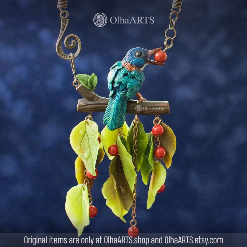 Blue Bird Necklace Polymer Clay Nature Jewelry Leaves and Etsy