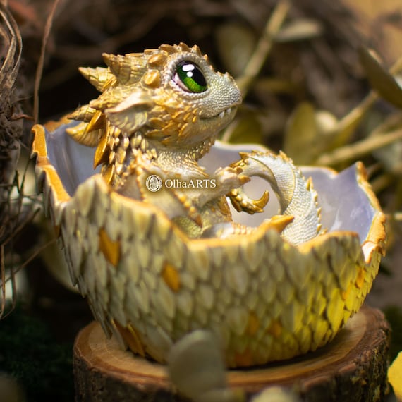 ドラゴンの孵化、卵の殻に入ったかわいい新生児ドラゴン、金色の真珠色