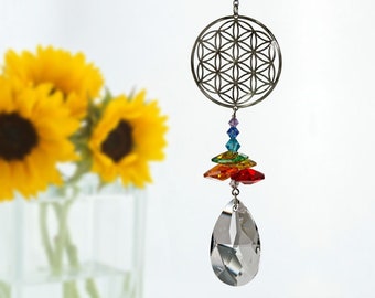 Crystal Flower of Life Suncatcher by Woodstock | Flower of Life Rainbow Maker Ornament | Gifts for Her
