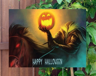 Headless Horseman Happy Halloween Yard Sign, Large Halloween Lawn Sign with Metal Stake Included, Halloween Decorations