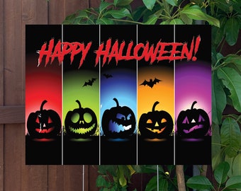 Happy Halloween Outdoor Yard Sign | Pumpkins & Bats Lawn Sign with Metal Stake | Halloween Decorations