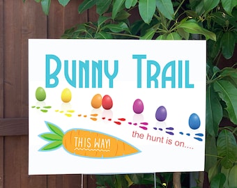 Easter Yard Sign | Bunny Trail Easter Egg Hunt | Large Holiday Sign with Metal Stake Included | 24"x18" Lawn Sign