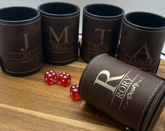 Custom Engraved Leather Dice Cups with 5 Dice Included | Game Night Gifts