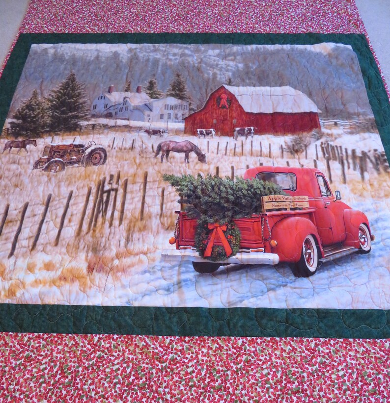Red Truck Christmas Quilt Farmhouse Christmas Quilt Country Etsy