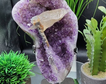 Rare XXL 4lb. Phantom Amethyst w/ Perfectly Terminated Calcite Features, Goethite & Polished Eye. Rare Combo!! Artigas, Uruguay