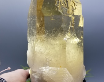 May include: A large, clear, yellow citrine crystal point with a natural, raw, and rough texture. The crystal is on a black stand.