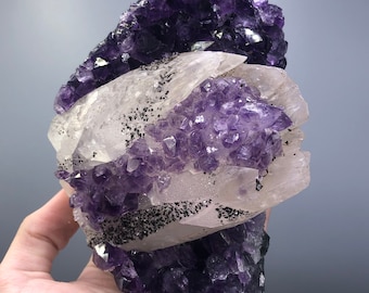 Gorgeous 7.5&quot; Amethyst & Calcite Covered In Black Skunked Goethite. World Class Formation!! Artigas, Uruguay