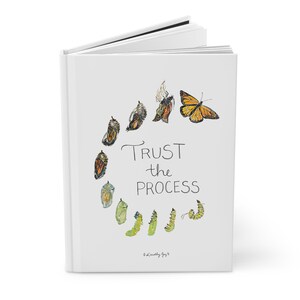 May include: A white journal with the text "Trust the Process" and a watercolor illustration of a butterfly life cycle. The illustration includes eggs, caterpillars, chrysalises, and a butterfly.