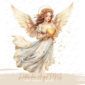 Puede incluir: Ilustración en acuarela de un ángel con alas doradas, un halo y una corona floral. El ángel lleva un vestido blanco fluido y sostiene un corazón dorado. La imagen incluye el texto "Watercolor Angel PNG" y las palabras "Boho, Heavenly, Celestial".