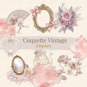 Puede incluir: Una colección de elementos de clipart de estilo vintage, que incluyen un espejo con marco dorado, un marco ovalado con lazos rosas, un marco en forma de corazón, un abanico y ramos de flores. La imagen presenta el texto "Coquette Vintage ClipArt".