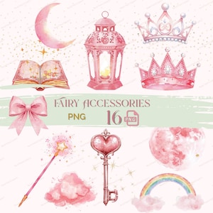 Fairy Accessories PNG | Pink Magical Props Clipart | Watercolor Crown Moon Cloud Rainbow PNG | Whimsical Fantasy Elements | Digital Download