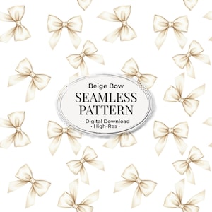 Puede incluir: Un patrón sin costuras con lazos beige sobre un fondo blanco. Los lazos tienen un aspecto de acuarela. La imagen incluye el texto "Beige Bow SEAMLESS PATTERN - Digital Download - High-Res."