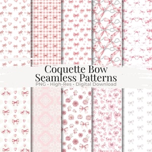 Puede incluir: Una colección de patrones sin costuras con lazos rosas, corazones y diseños florales. Los patrones incluyen cuadros vichy, encaje y detalles de perlas. Se muestra el texto "Coquette Bow Seamless Patterns".