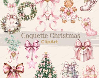 May include: A collection of watercolor Christmas clipart elements. Includes wreaths, bows, a gingerbread person, stockings, a Christmas tree, and gift boxes. The color palette is soft pink, gold, and green, with the text "Coquette Christmas Clipart".