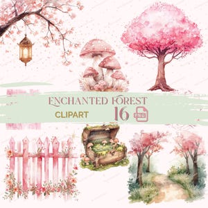 Puede incluir: Conjunto de imágenes prediseñadas de acuarela con temática de bosque encantado. La imagen incluye árboles rosas, setas, un cofre de madera, una valla y una linterna. El texto dice "Enchanted Forest Clipart 16 PNG".