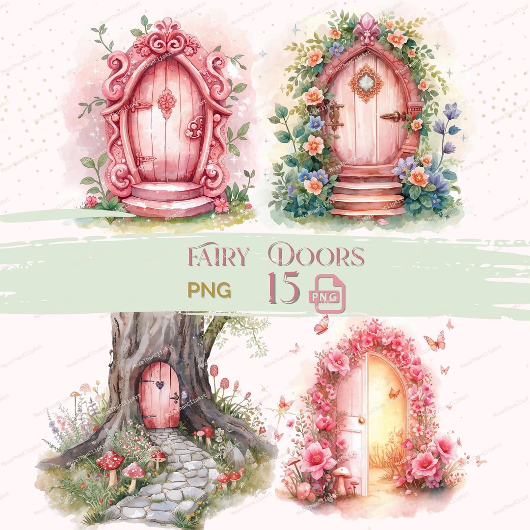 Fairy Doors PNG | Pink Watercolor Fairy Door Set | Whimsical Garden ...