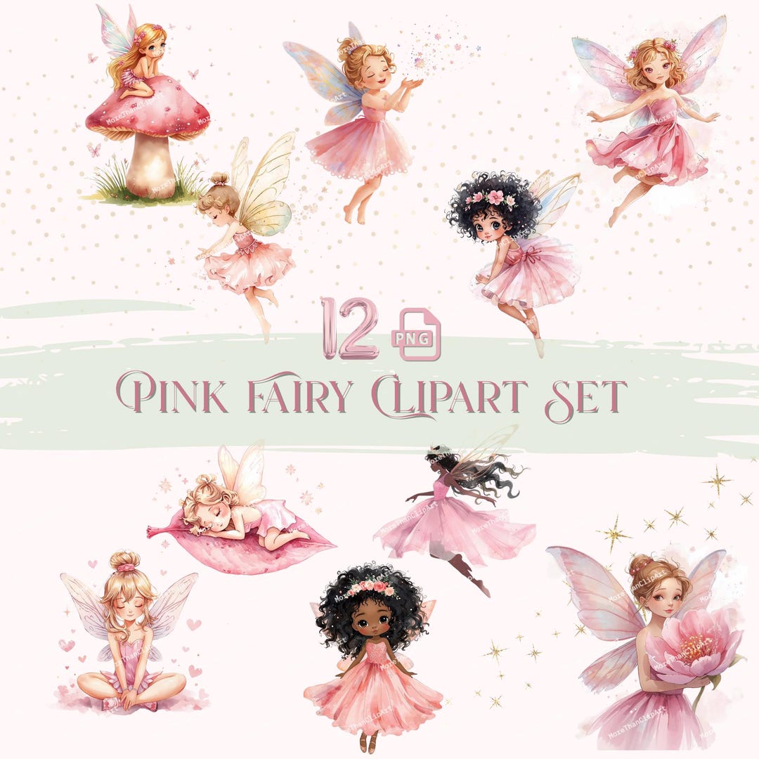 Pink Fairy Clipart Set | Whimsical Fairy PNG Set | Cute Watercolor ...