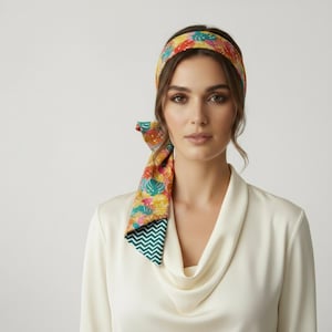 Op de afbeelding: Een kleurrijke hoofdband met een tropisch bloemmotief, met tinten geel, rood en turquoise. De hoofdband is aan de achterkant vastgebonden met een patroon sjaal, waarvan het onderste deel een groen en wit zigzagontwerp heeft. De hoofdband wordt op het hoofd gedragen.