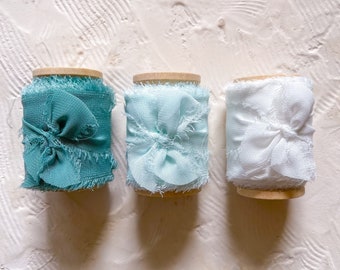 SET #4- naturally dyed teal silk ribbons, blue styling fabric, hand dyed silk ribbon, bouquet ribbon, wedding invitation, light blue silk